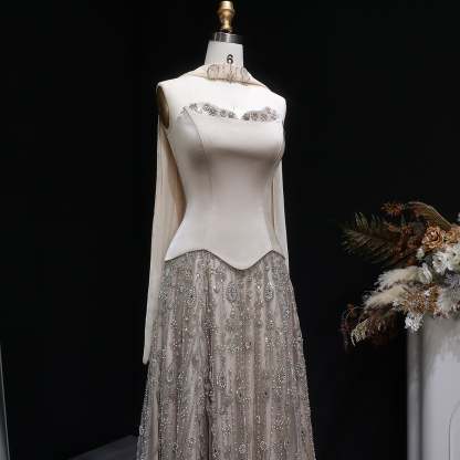 Strapless Satin Floor-Length A-Line Prom Dress with Beasings