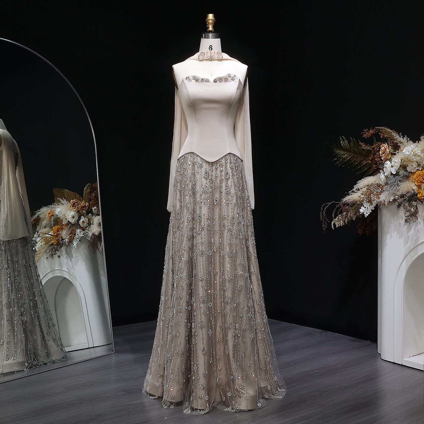 Strapless Satin Floor-Length A-Line Prom Dress with Beasings