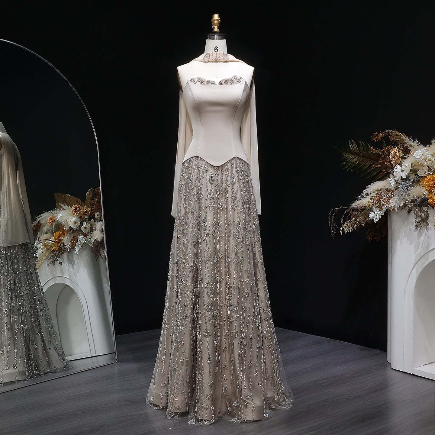 Strapless Satin Floor-Length A-Line Prom Dress with Beasings