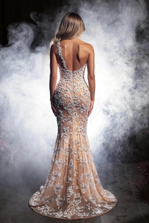 Gorgeous Crystal Lace Prom Dress High Split One-Shoulder Mermaid Floor-Length Party Dress