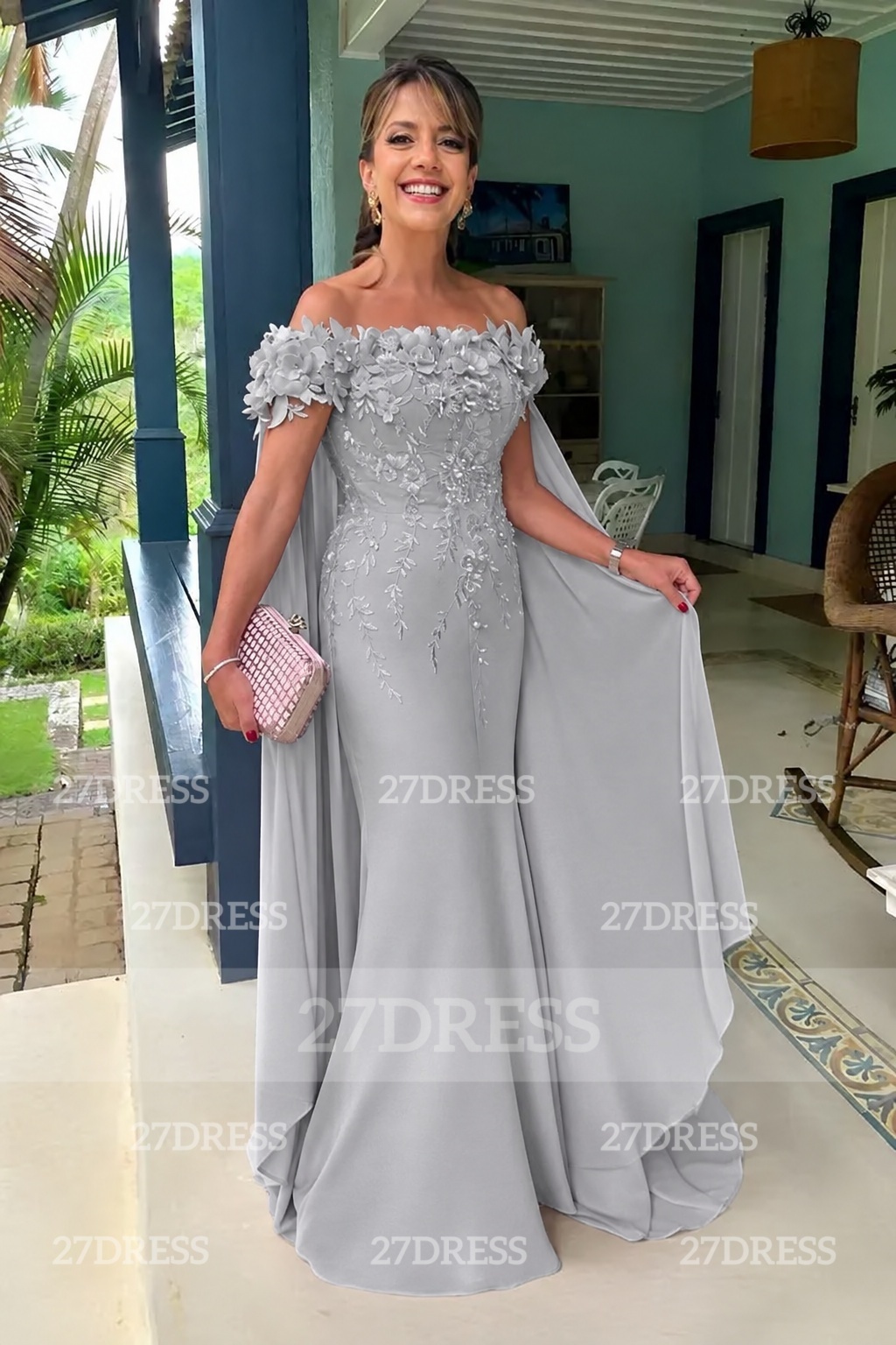 Off-the-Shoulder Pink Flowers Chiffon Mother of the Bride Dress Floor Length Wedding Guest Dress