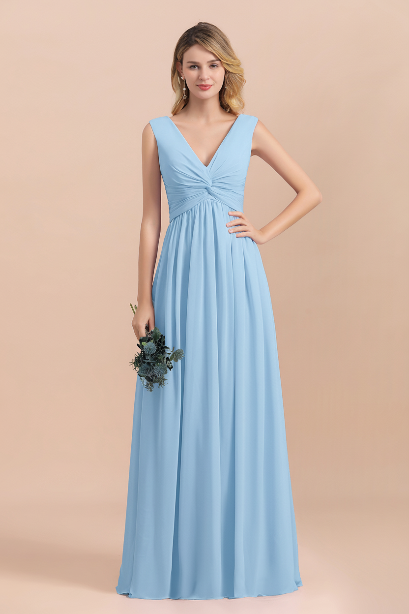 Chic Lilac A-line Chiffon Bridesmaid Dress Sleeveless V-Neck Long Wedding Guest Dress