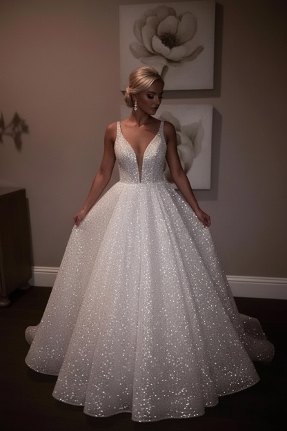 Sparkly Sequins Prom Dress UK | Backless White A-Line Evening Gowns