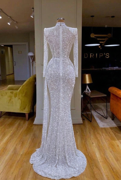 White High Neck Sequins Long Sleeves Ruched Floor-Length Mermaid Evening Gown