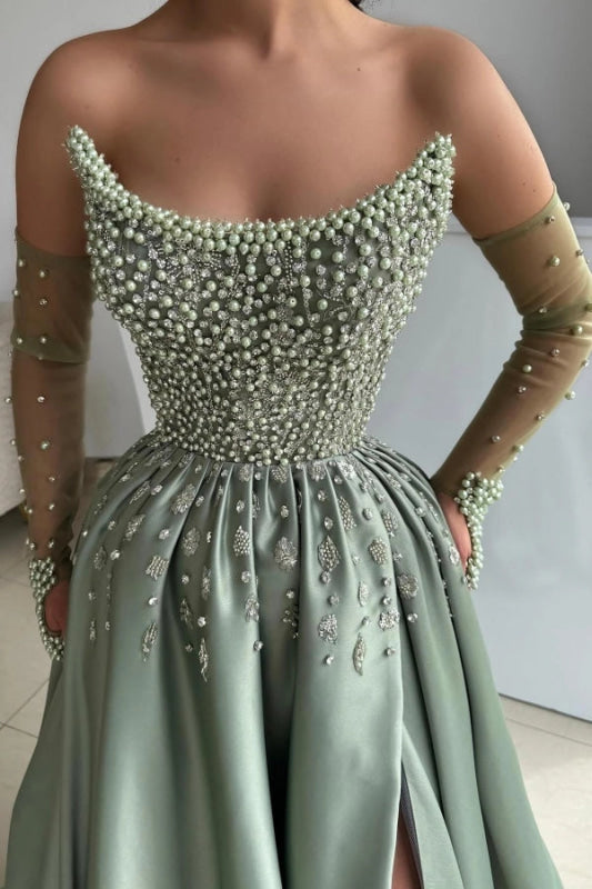 Strapless Dusty Sage Satin Evening Dress with Pearls High Split Prom Dress