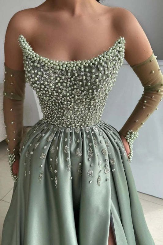 Strapless Dusty Sage Satin Evening Dress with Pearls High Split Prom Dress