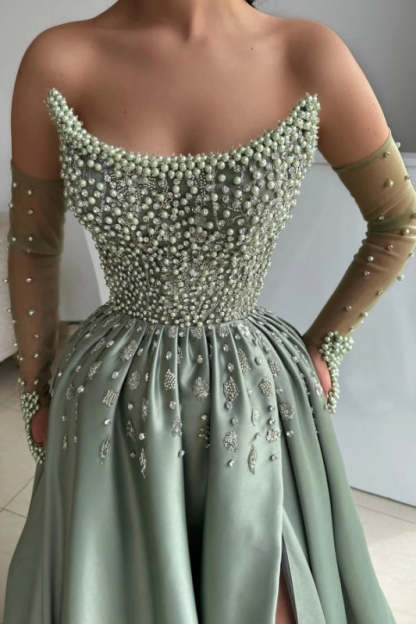Strapless Dusty Sage Satin Evening Dress with Pearls High Split Prom Dress