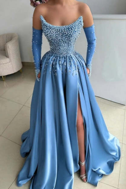 Strapless Dusty Sage Satin Evening Dress with Pearls High Split Prom Dress