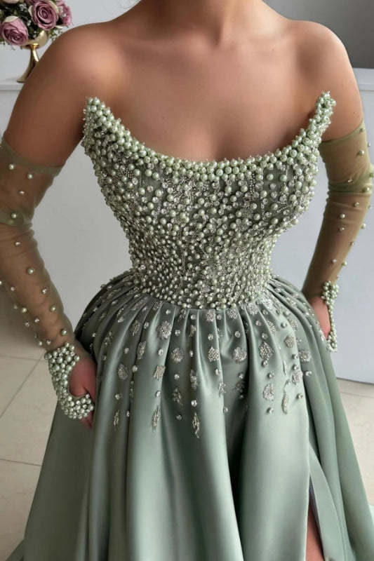 Strapless Dusty Sage Satin Evening Dress with Pearls High Split Prom Dress