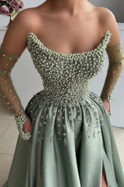 Strapless Dusty Sage Satin Evening Dress with Pearls High Split Prom Dress