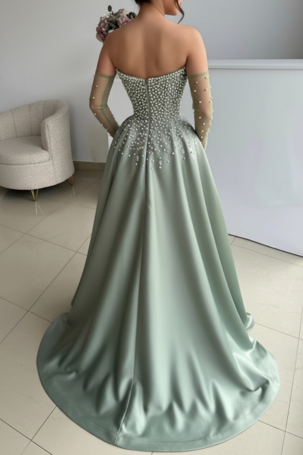 Strapless Dusty Sage Satin Evening Dress with Pearls High Split Prom Dress