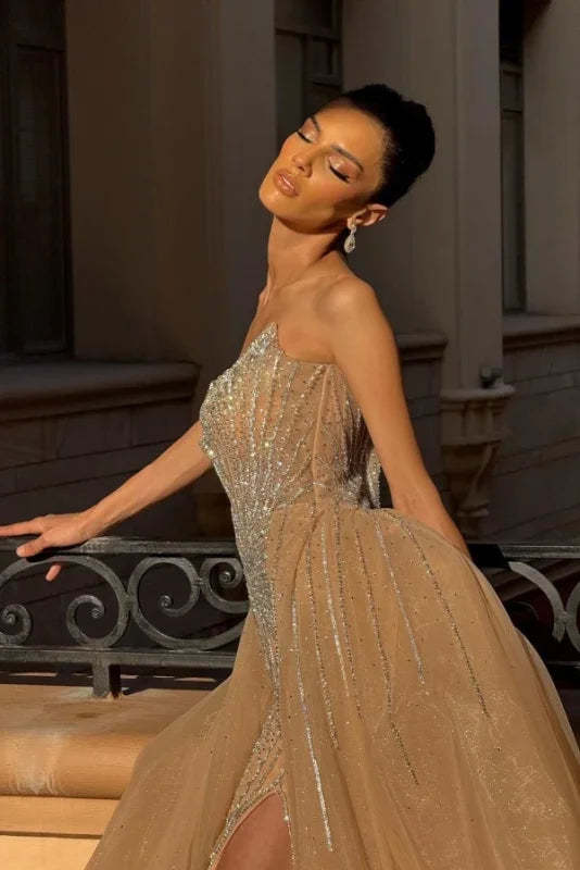 Strapless Sweetheart Crystal A Line Prom Dresses with Train