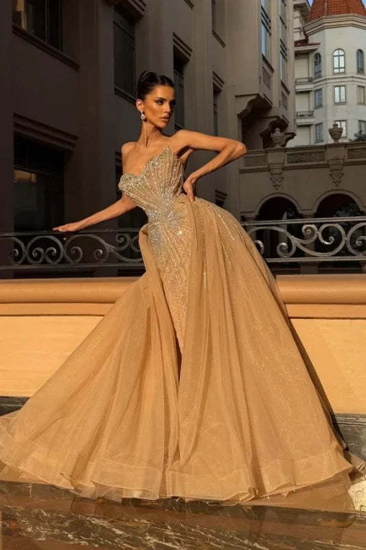 Strapless Sweetheart Crystal A Line Prom Dresses with Train