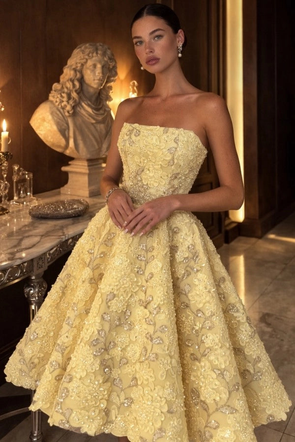 Strapless Tea Length Evening Dress Aline Sleeveless Yellow Floral Prom Dress