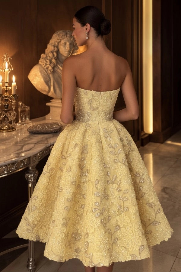 Strapless Tea Length Evening Dress Aline Sleeveless Yellow Floral Prom Dress
