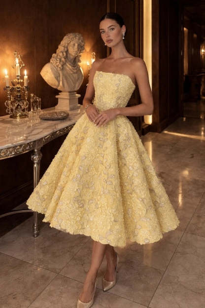 Strapless Tea Length Evening Dress Aline Sleeveless Yellow Floral Prom Dress