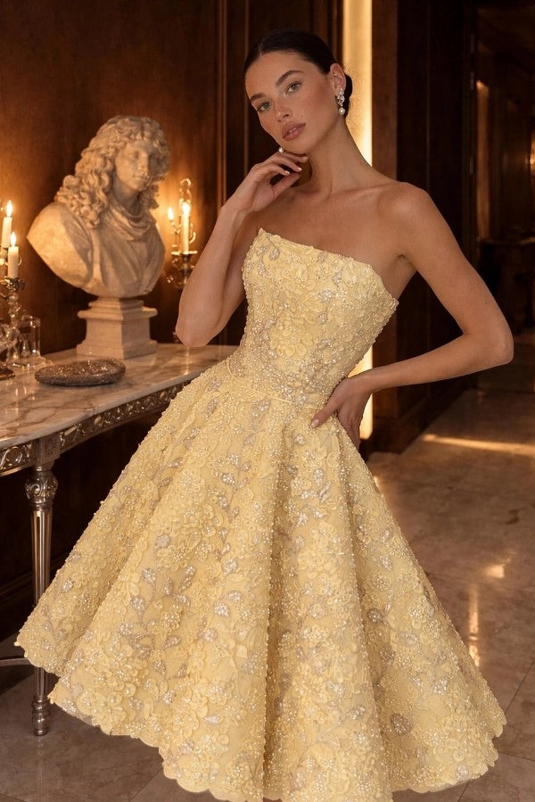Strapless Tea Length Evening Dress Aline Sleeveless Yellow Floral Prom Dress