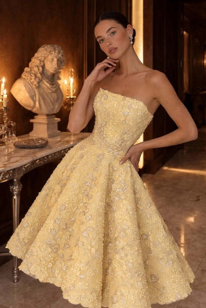 Strapless Tea Length Evening Dress Aline Sleeveless Yellow Floral Prom Dress