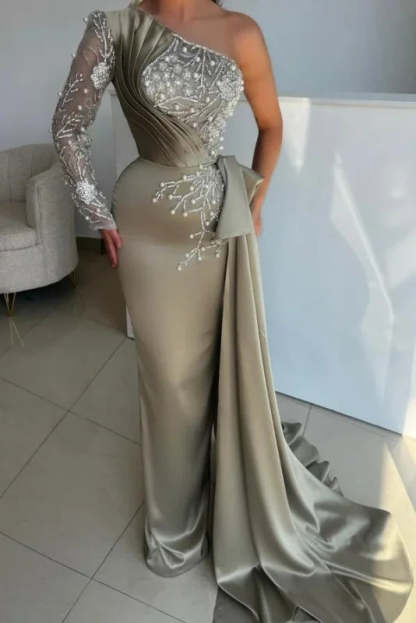 Stylish One Shoulder Beaded Long Sleeves Ruched Satin Prom Dress with Train