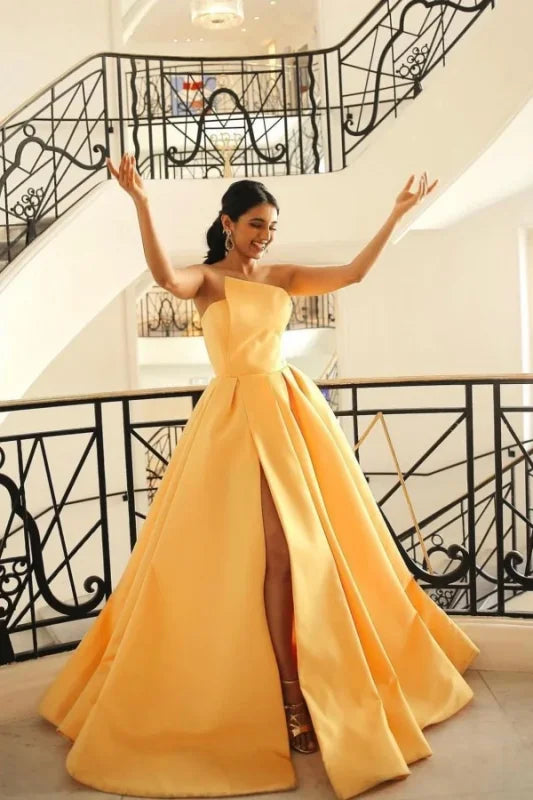 Stylish Strapless Satin Ruched A Line Prom Dresses with Slit