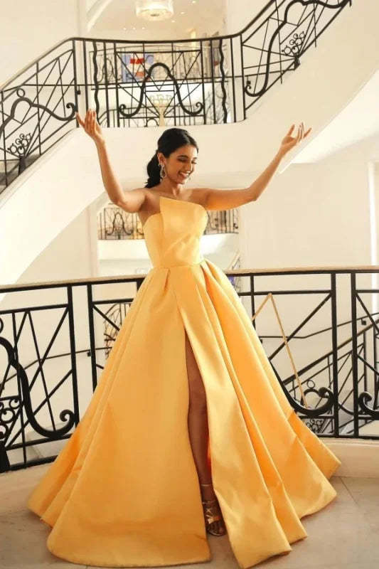 Stylish Strapless Satin Ruched A Line Prom Dresses with Slit