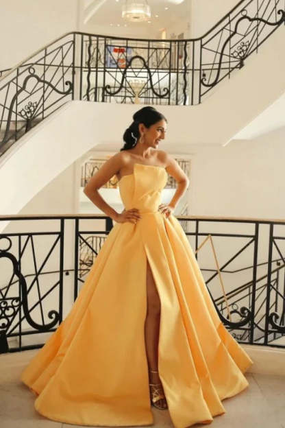 Stylish Strapless Satin Ruched A Line Prom Dresses with Slit