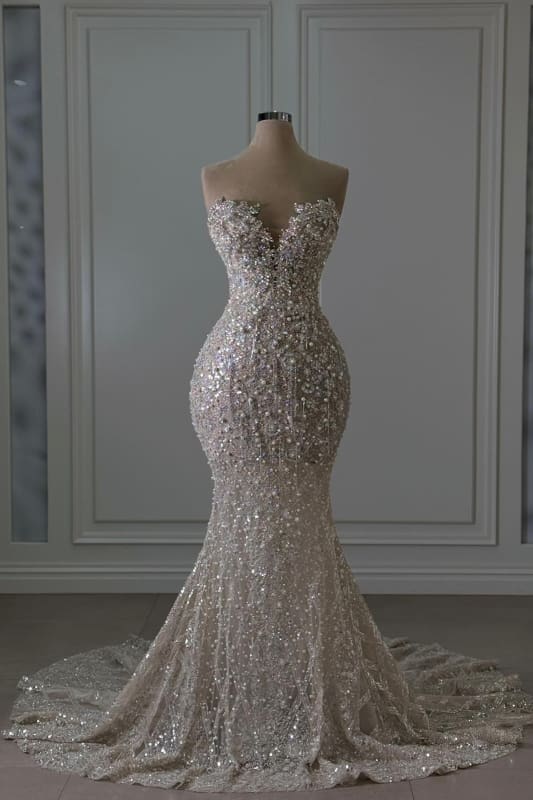 Sweetheart Strapless Crystal Mermaid&Prom Wedding Dresses