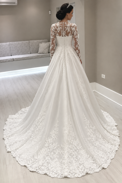 Princess Long Sleeve V-Neck Wedding Dress | Lace Bridal Gowns On Sale
