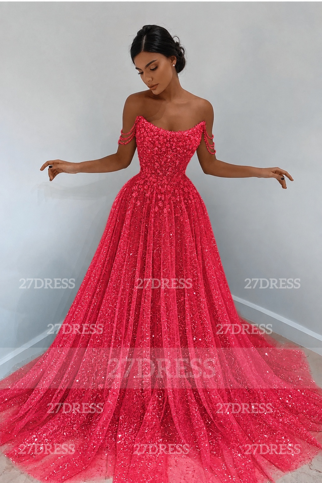 Glitter Off-the-Shoulder Beaded Evening Sequins A-Line Prom Dresses