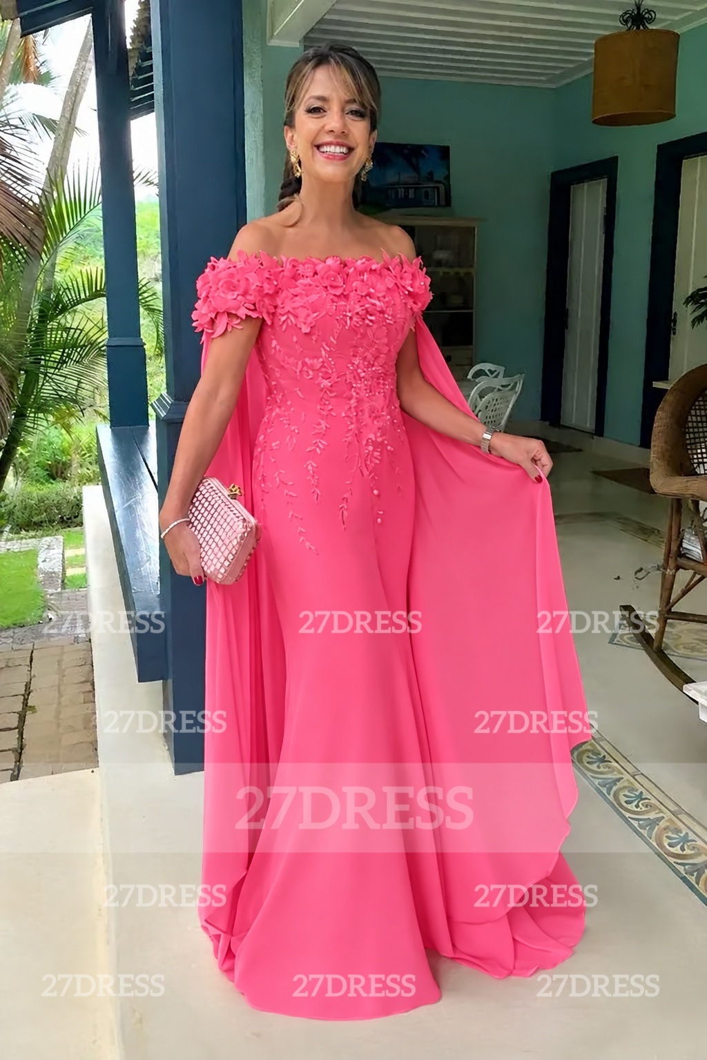 Off-the-Shoulder Pink Flowers Chiffon Mother of the Bride Dress Floor Length Wedding Guest Dress