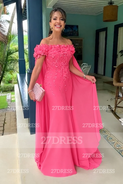 Off-the-Shoulder Pink Flowers Chiffon Mother of the Bride Dress Floor Length Wedding Guest Dress