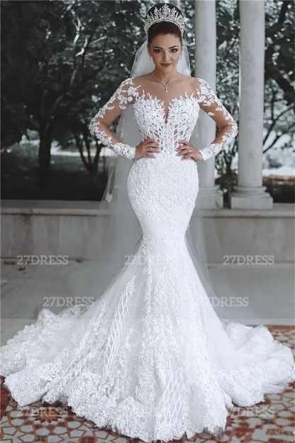 Glamorous Beaded Lace Sexy Mermaid Wedding Dresses UK with Sleeves Sheer Tulle Appliques Bride Dresses