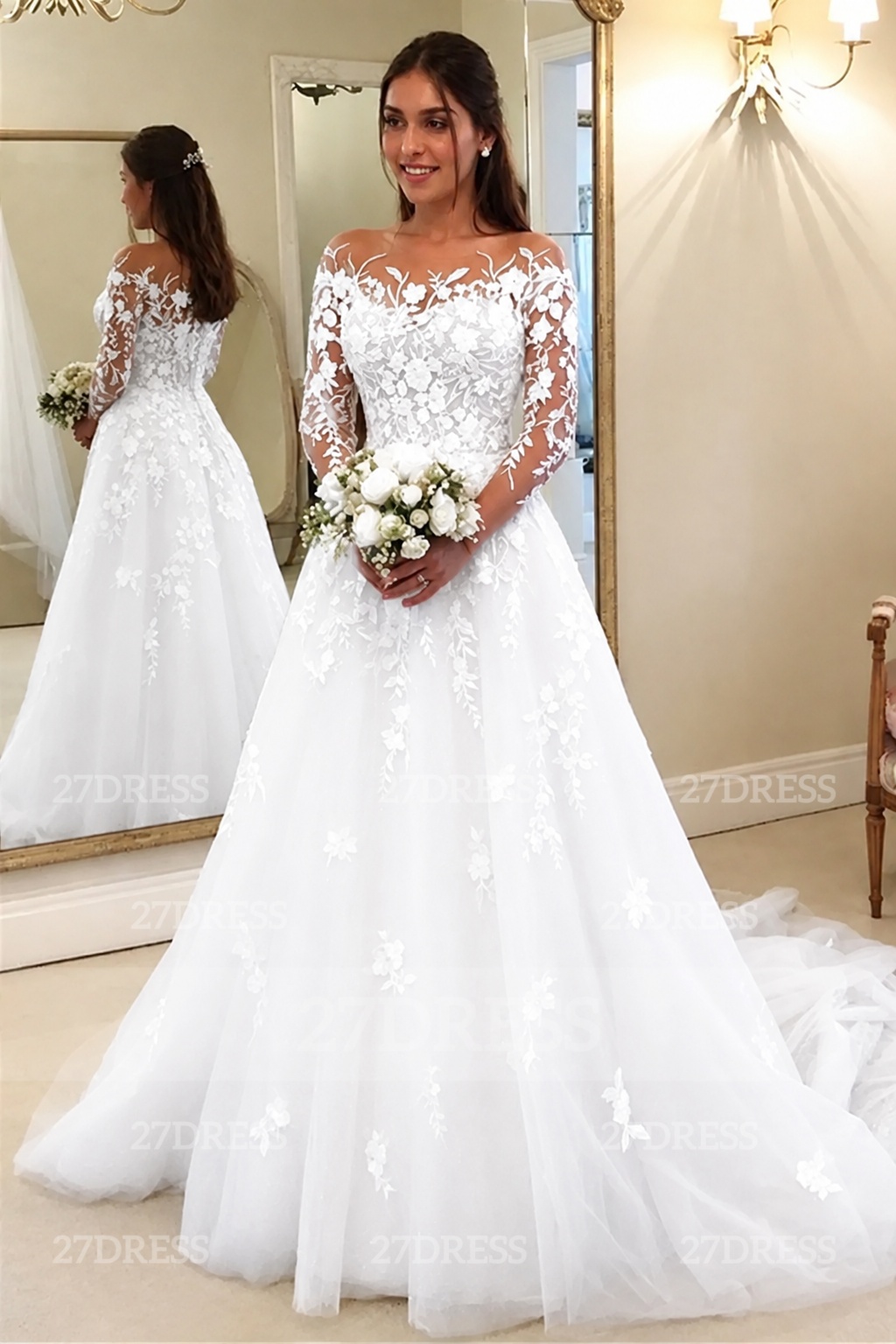 Elegant Long Sleeves Ｗedding Dress Aline Floral Lace Tulle Bridal Gown