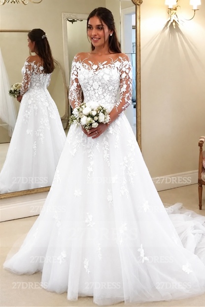 Elegant Long Sleeves Ｗedding Dress Aline Floral Lace Tulle Bridal Gown