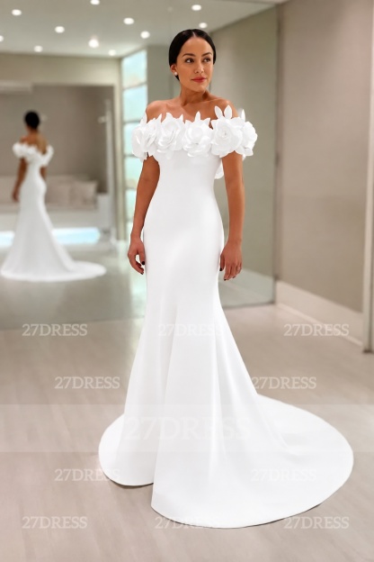 Elegant Mermaid Satin Wedding Dresses Off the Shoulder White Bridal Gowns with Flowers