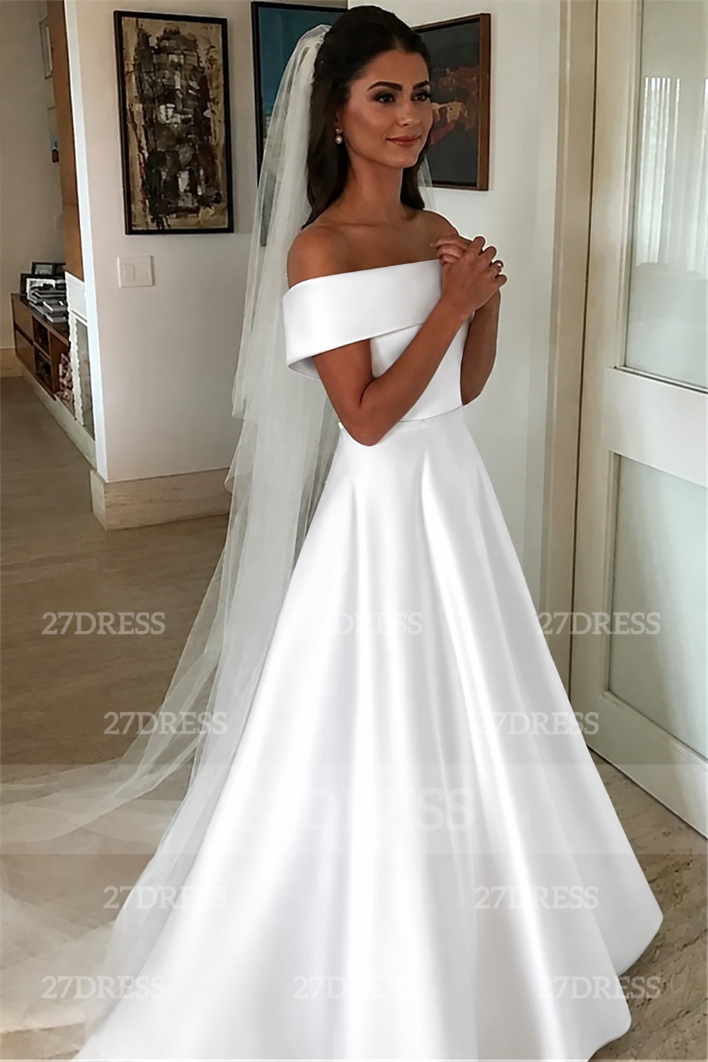 Elegant Off-the-Shoulder A-line Wedding Dresses UK Bowknot Ribbons Sleeveless Bridal Gowns