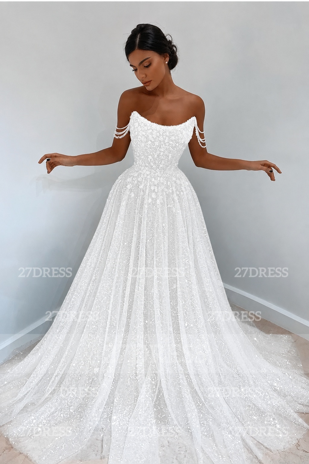 Glitter Off-the-Shoulder Beaded Evening Sequins A-Line Prom Dresses