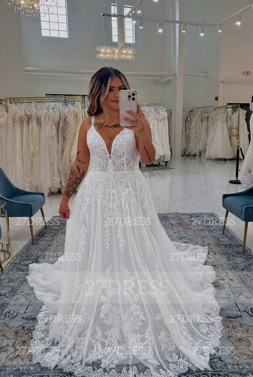 Spaghetti Straps Open Back Appliques Lace A-Line Wedding Dresses