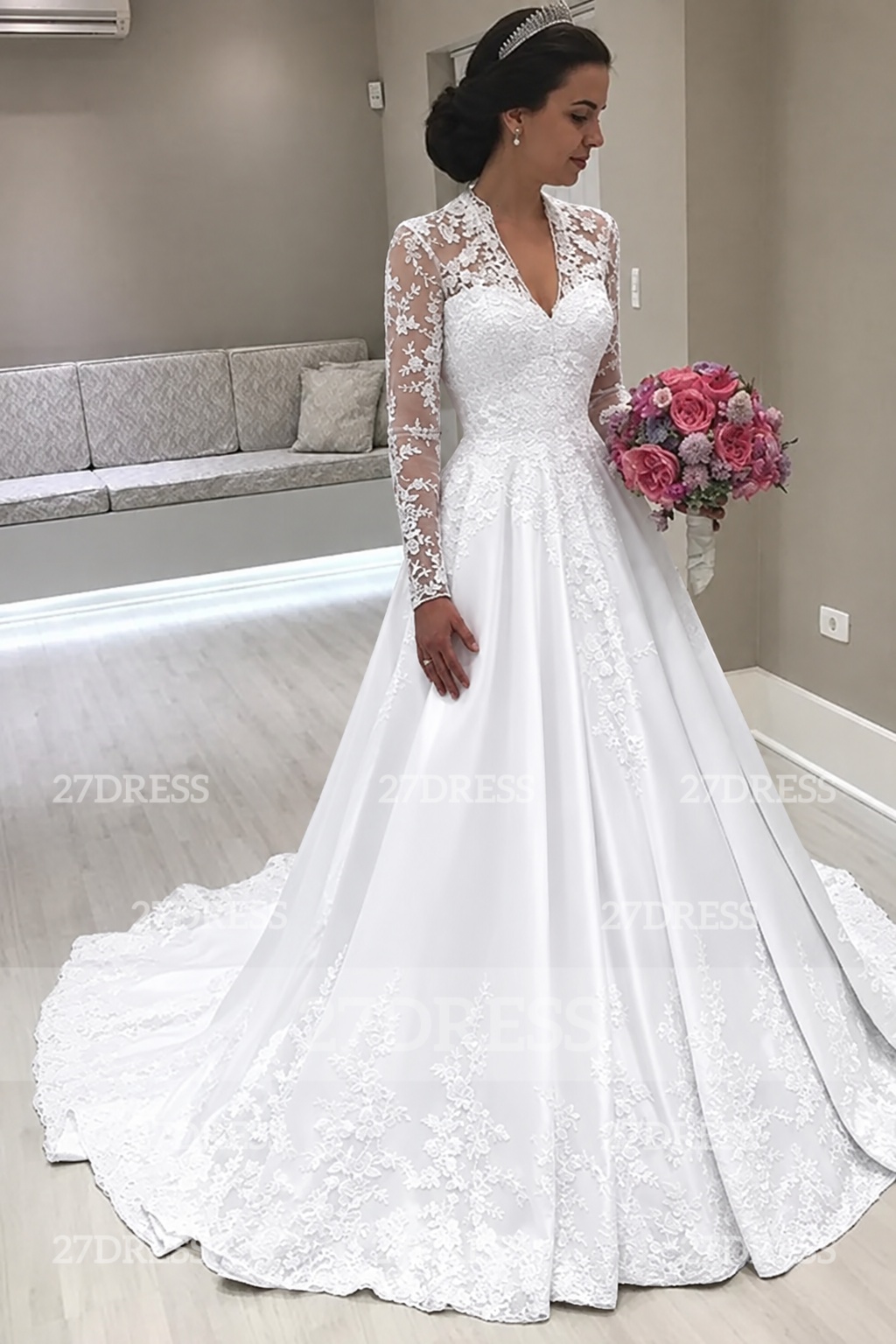 Princess Long Sleeve V-Neck Wedding Dress | Lace Bridal Gowns On Sale