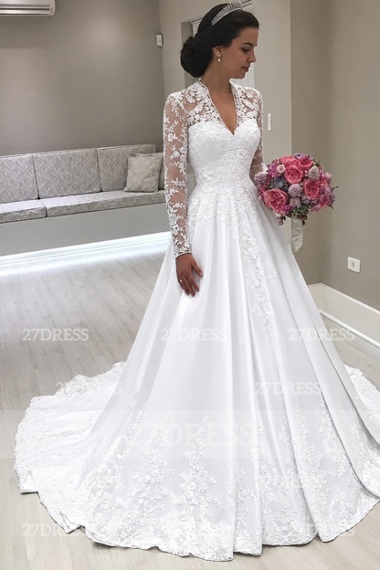 Princess Long Sleeve V-Neck Wedding Dress | Lace Bridal Gowns On Sale