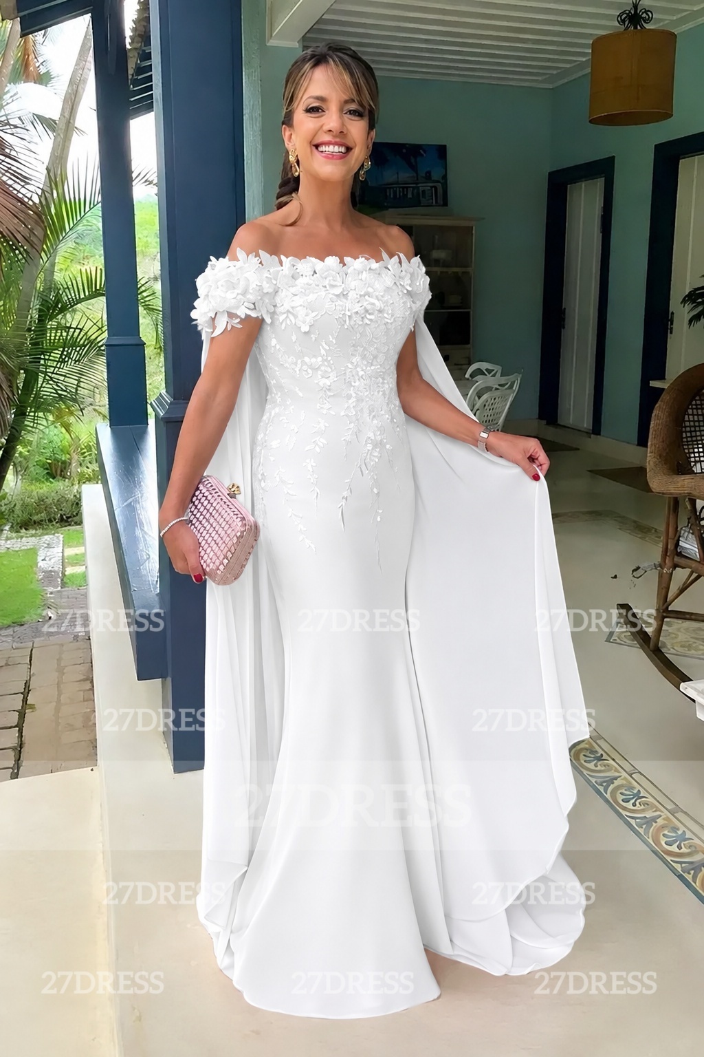 Off-the-Shoulder Pink Flowers Chiffon Mother of the Bride Dress Floor Length Wedding Guest Dress
