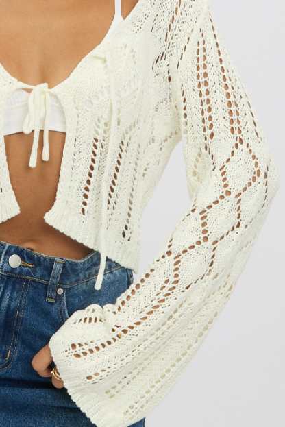 White Crochet Tie Up Cardigan