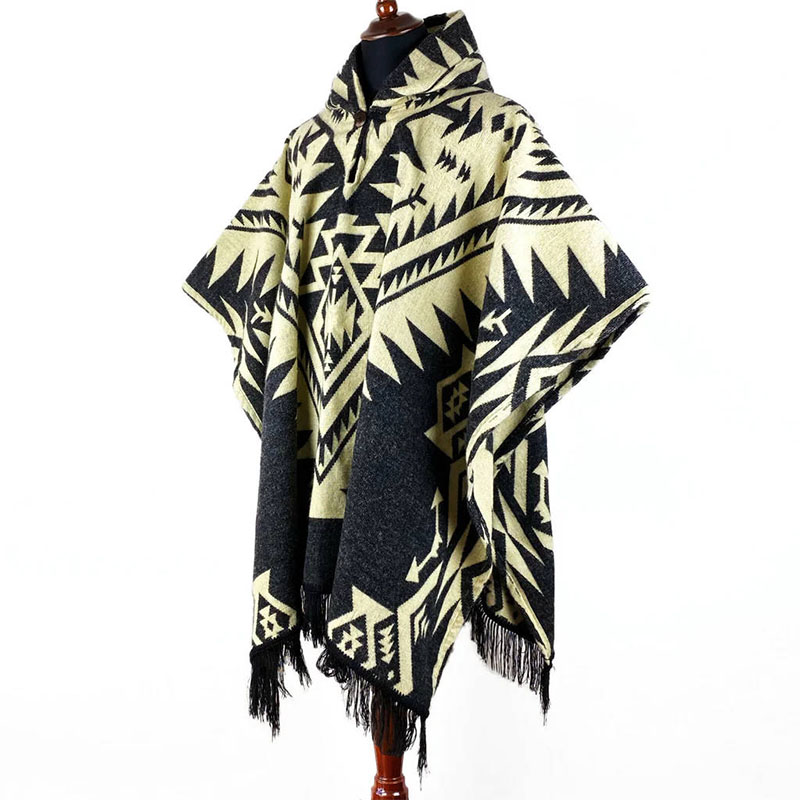Baby Alpaca Wool Unisex Hooded Poncho Pullover - Aztec Pattern