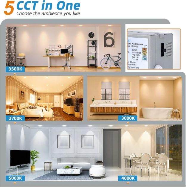 VOLISUN Recessed Lighting, 5CCT LED Recessed Light with Junction Box, 2700K-5000K Selectable, 9.5W Eqv 80W, 810LM Dimmable Canless Wafer Downlight, LED Ceiling Light ETL Certificated