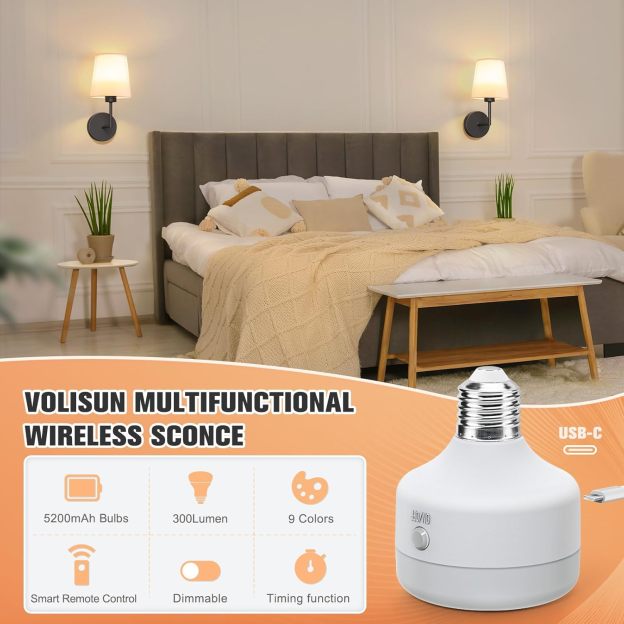 VOLISUN Battery Operated Wall Sconce Set of Two,Black Wireless Sconces with Romote and Rechargeable Bulbs,9 Colors Indoor Wireless Wall Lights for Bedroom Living Room Hallway