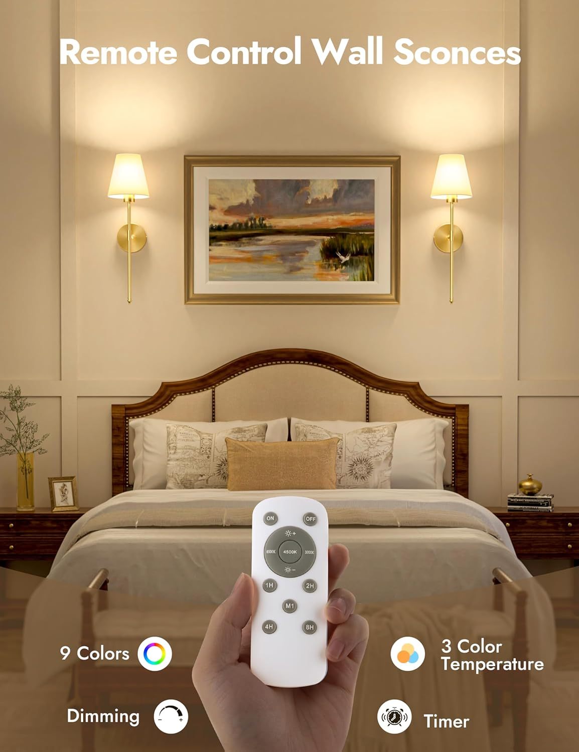 VOLISUN Battery Operated Wall Sconces Set of Two, Wireless Wall Sconces with Remote and Dimmable Bulbs, 9 Colors Battery Powered Wall Lights, Gold Rechargeable Wall Lamps for Bedroom (23.6 inch)