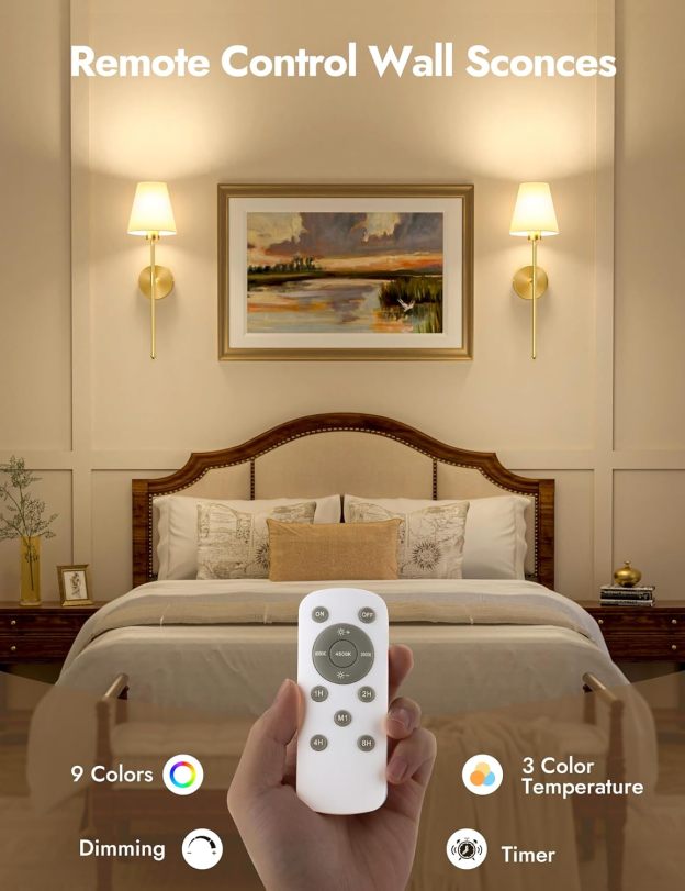 VOLISUN Battery Operated Wall Sconces Set of Two, Wireless Wall Sconces with Remote and Dimmable Bulbs, 9 Colors Battery Powered Wall Lights, Gold Rechargeable Wall Lamps for Bedroom (23.6 inch)