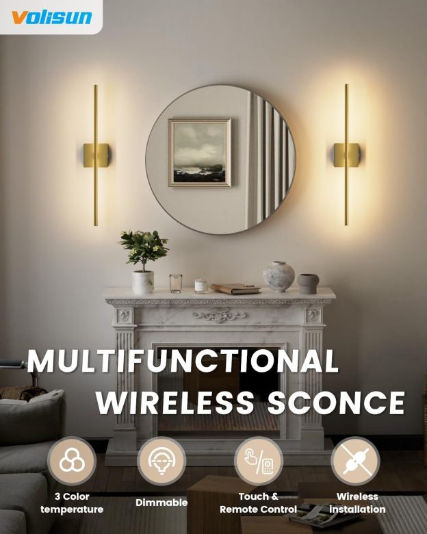 VOLISUN Battery Operated Wall Sconce Set of Two, Gold Rechargeable Wall Lights with Remote Control, 3000K-6500K Dimmable Wall Lamp, 27.6 Inch LED Wireless Wall Lights for Bedroom, Living Room,Hallway