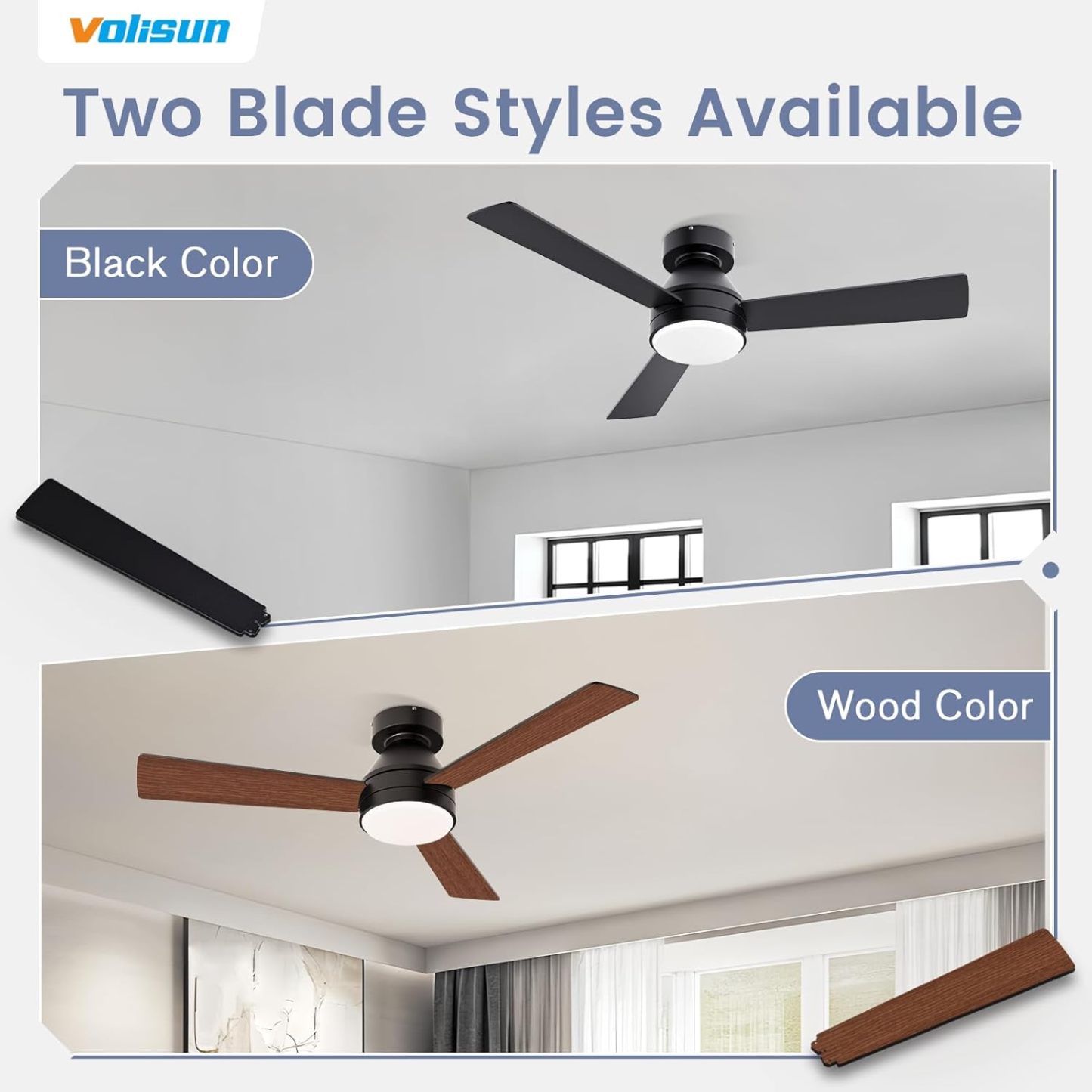 VOLISUN Ceiling Fan with Lights, 42 inch Low Profile Ceiling Fan with Light and Remote, Reversible, 3CCT, Dimmable, Noiseless, Black Flush Mount Ceilings Fans for Bedroom, Indoor/Outdoor 