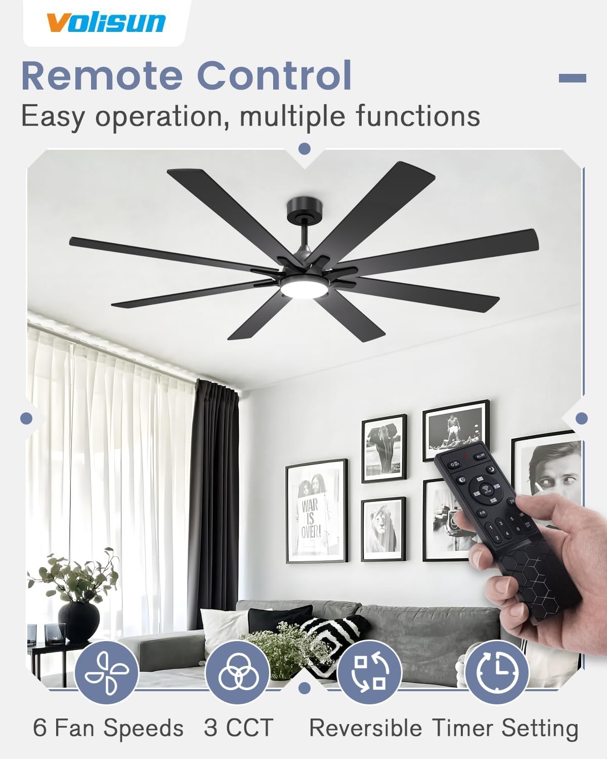 VOLISUN 72in Ceiling Fans with Lights, 8 Blades Large Ceiling Fan with Light and Remote, 3CCT Dimmable Outdoor Ceiling Fans with Light for Patio, Living Room(Black+Wood)  
